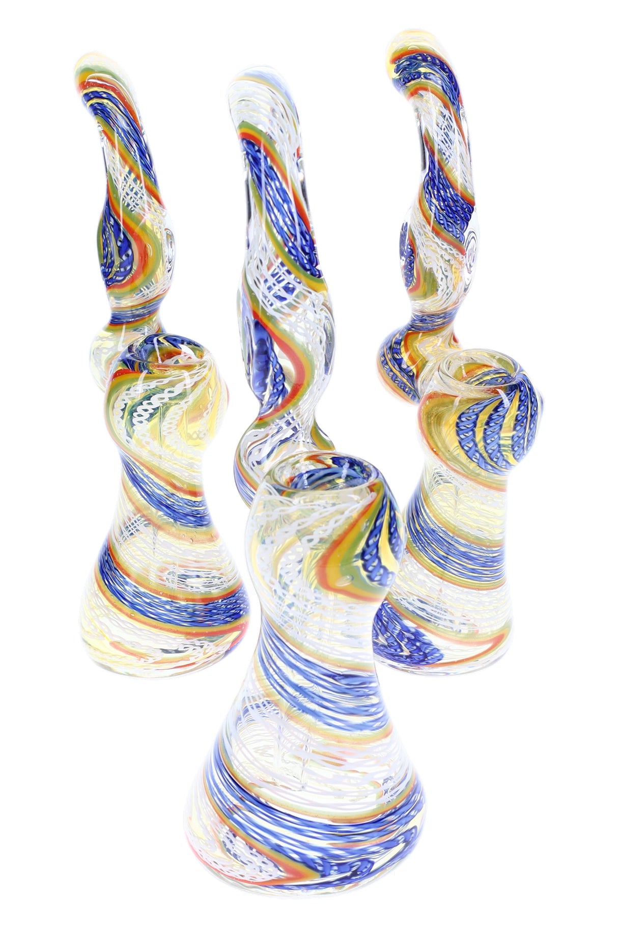 Small color-changing spiral-stripe glass sherlock bubbler with curved neck, side carb, and rounded water chamber—assorted designs.