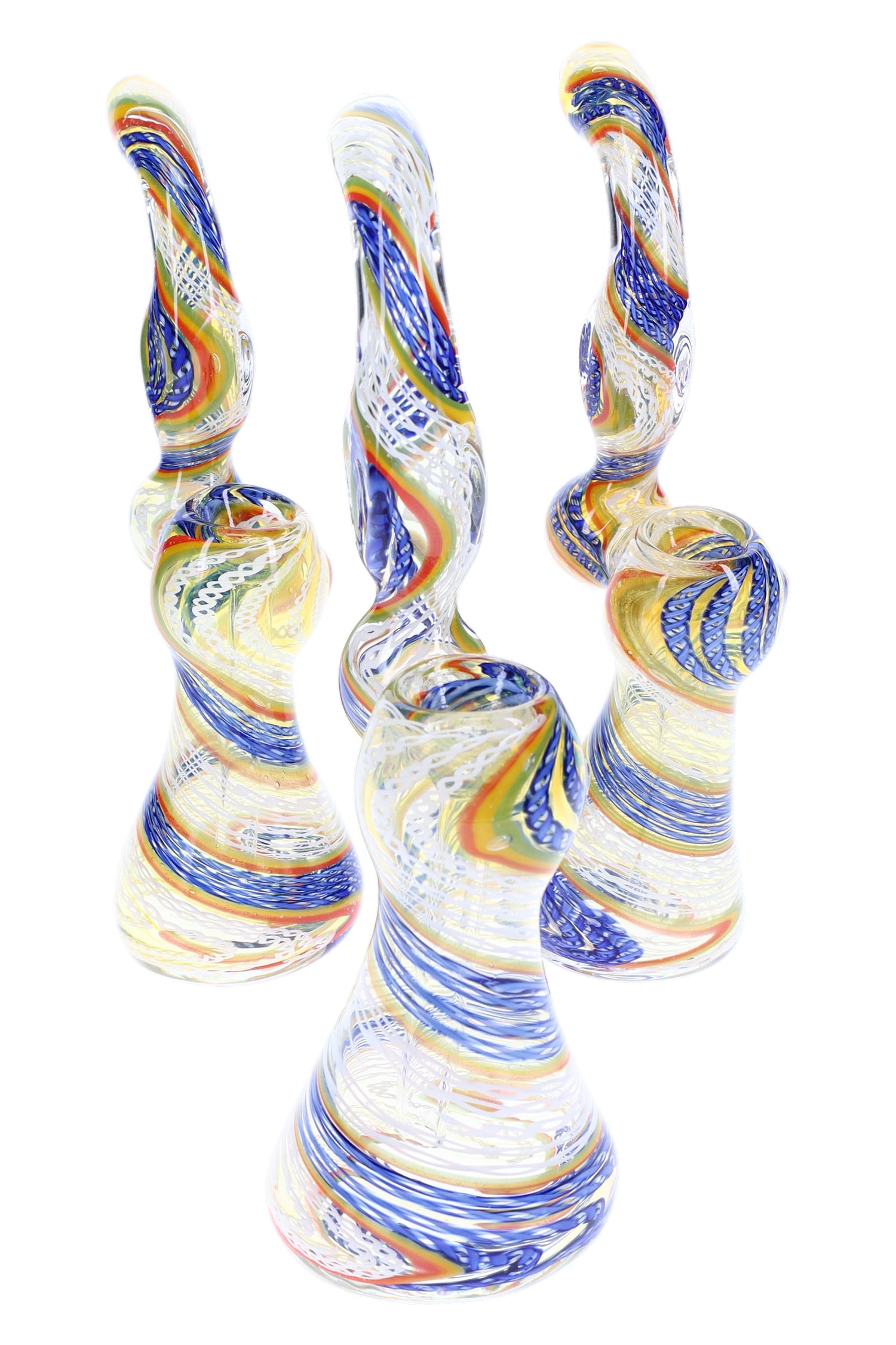 Small color-changing spiral-stripe glass sherlock bubbler with curved neck, side carb, and rounded water chamber—assorted designs.
