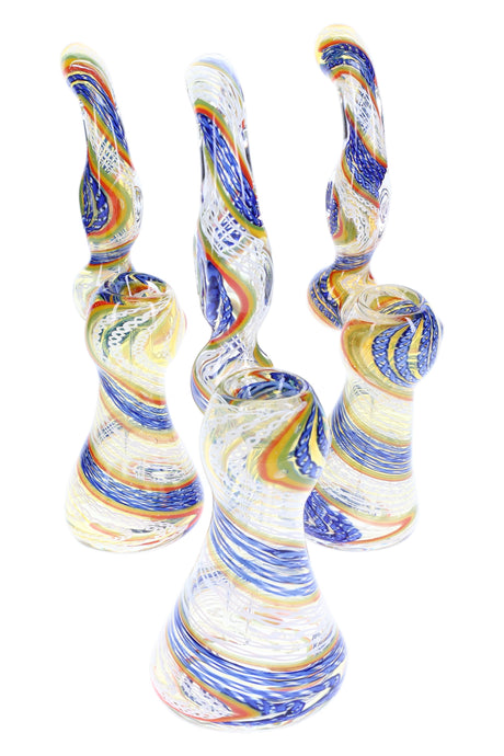 Small color-changing spiral-stripe glass sherlock bubbler with curved neck, side carb, and rounded water chamber—assorted designs.