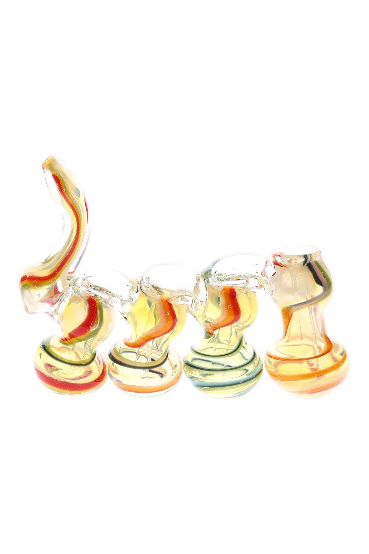 Side view of quad-chamber sherlock bubbler highlighting four linked bulbs, fixed bowl, and bright striped accents.