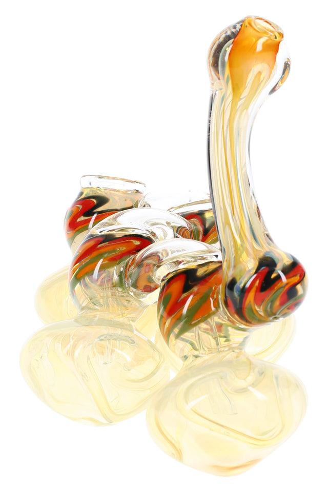 Angled close-up of color-changing fumed glass chambers with bold red, yellow and green stripes on large sherlock glass bubbler, highlighting airflow path.