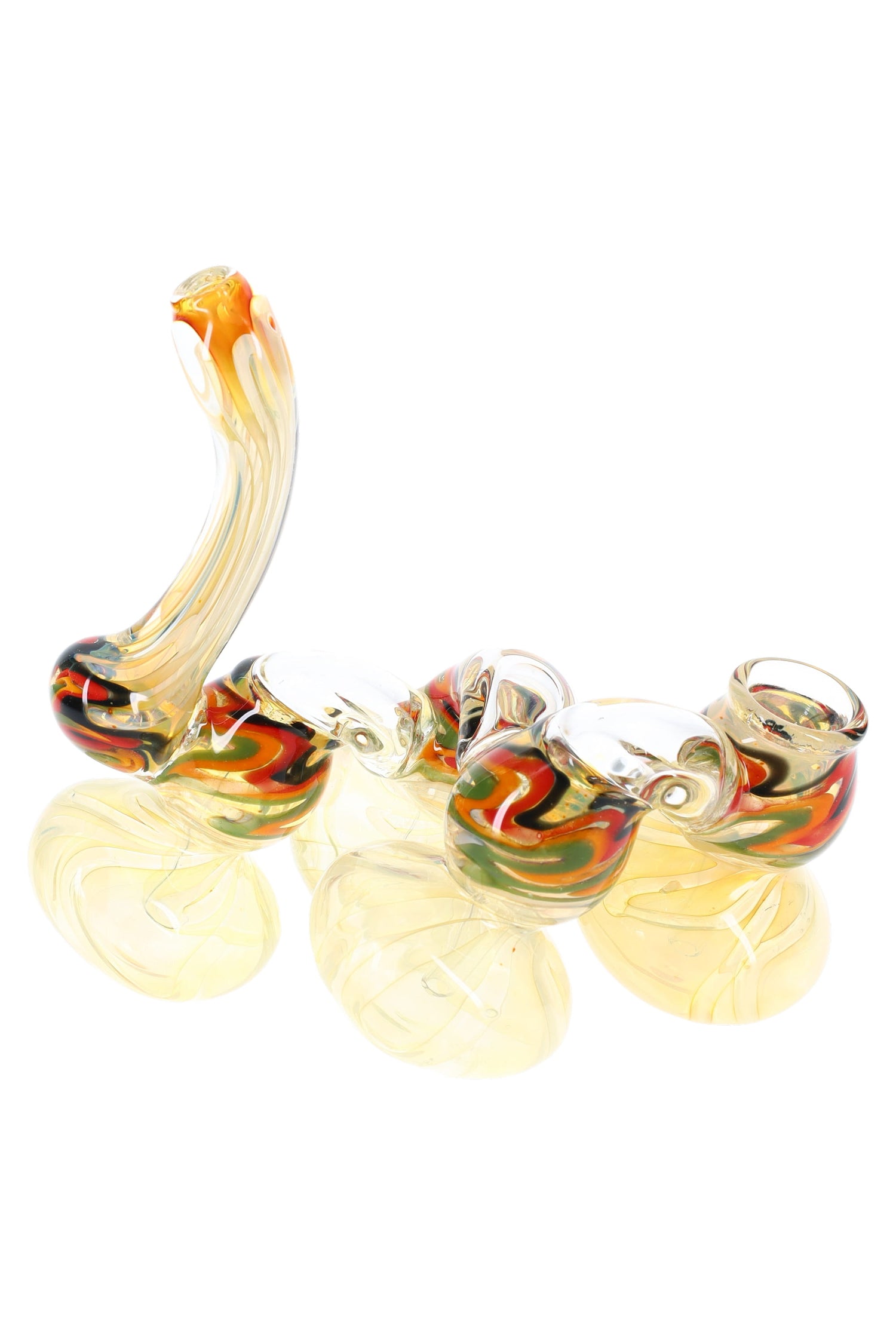 Side view of 8-inch quadruple-chamber rasta fumed sherlock glass bubbler showing curved mouthpiece and stacked chambers on white backdrop.