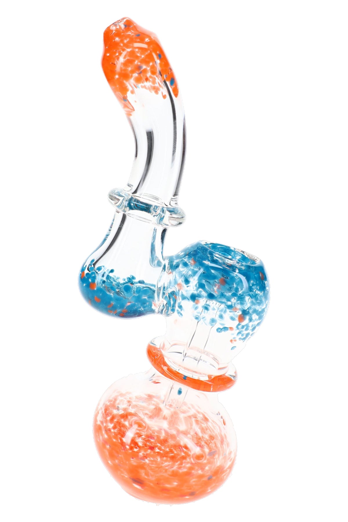 Clear multicolor frit Sherlock bubbler with blue and orange accents, curved neck, and round chamber