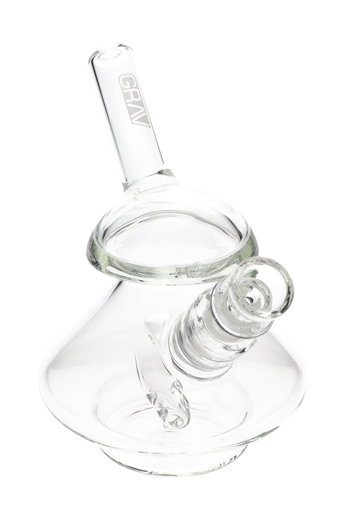 Clear GRAV Wobble glass bubbler, 5″ tall with 14 mm female joint, domed chamber, and angled straw mouthpiece on a stable rounded base.