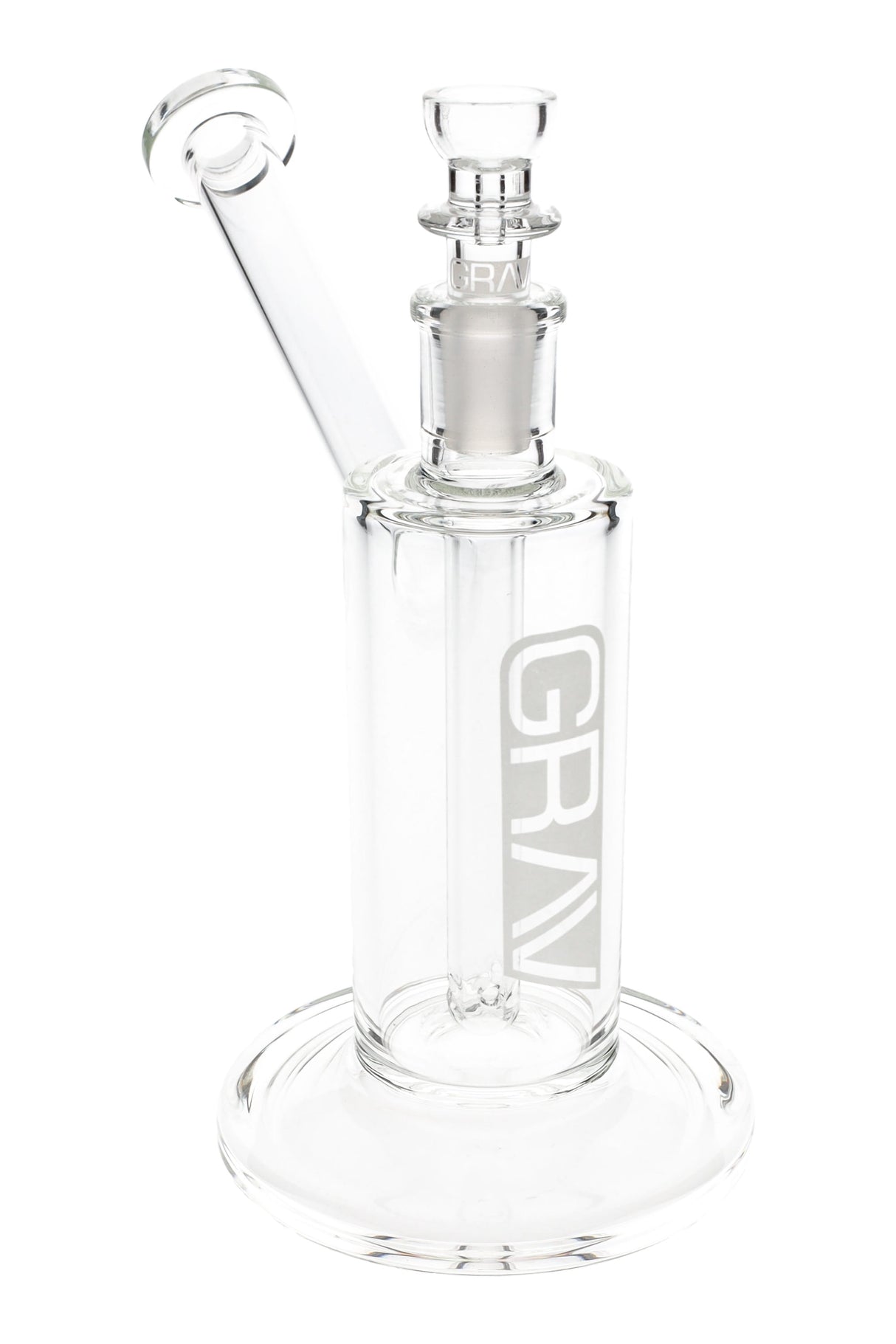 Clear GRAV medium upright glass bubbler, 7″ tall with angled mouthpiece, fixed fission downstem, and 14 mm bowl on a flared base.