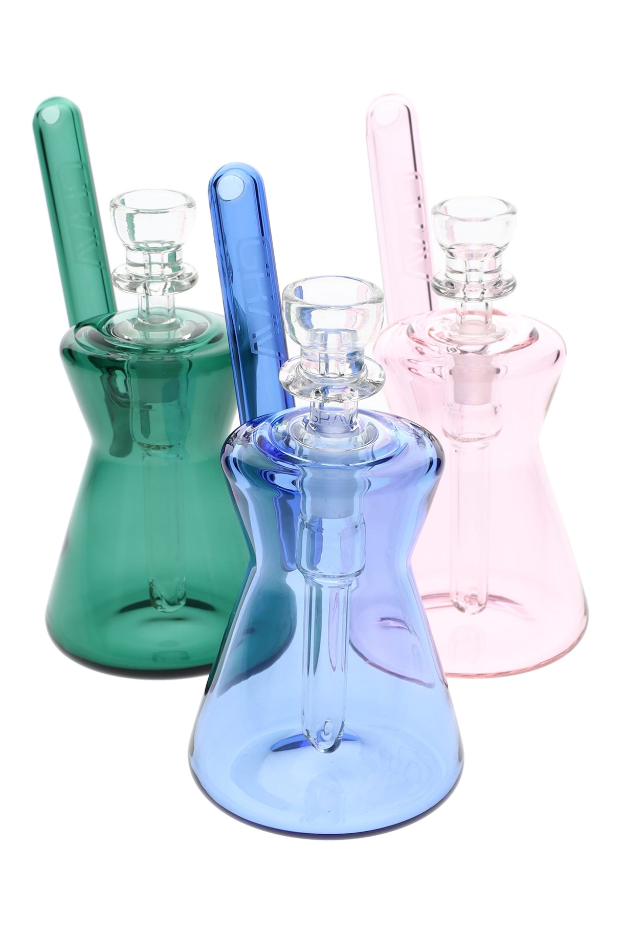 4.5-inch GRAV hourglass pocket bubbler with 10 mm Cup Bowl and long splash-reducing stem, thick borosilicate body, shown in multiple color options on white.