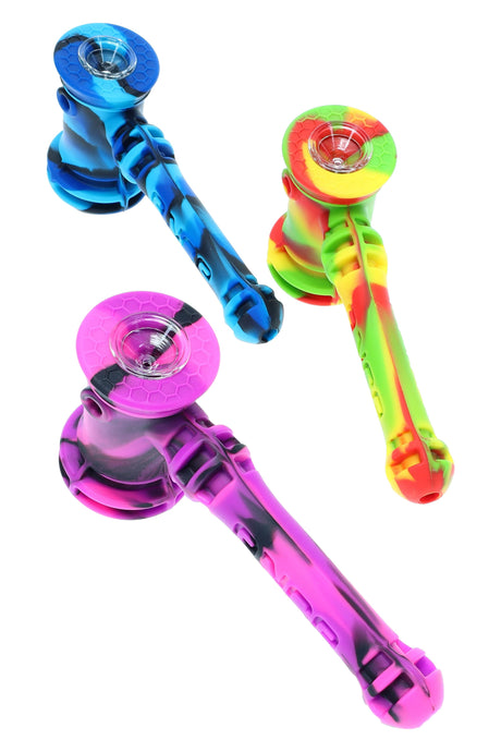 Eyce silicone hammer bubbler in assorted swirl colors with clear glass bowl, removable cap, and compact 7″ profile.