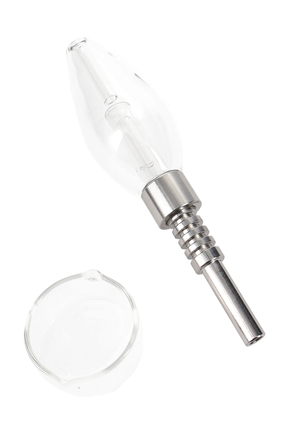 Small clear glass bulb concentrate straw with screw-on metal tip beside matching glass tray; compact 5½-inch design.