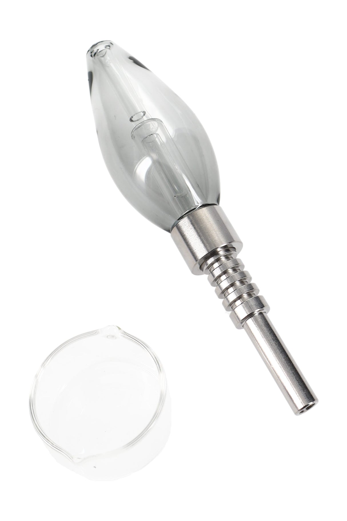 Small glass bulb concentrate straw with screw-on metal tip and clear glass tray; grey-tinted capsule body, 5½-inch length.