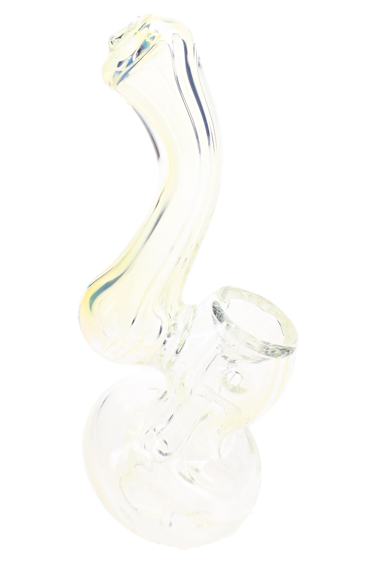 Mini fumed glass Sherlock bubbler with pale yellow tint, curved neck, round base, bowl, and side carb