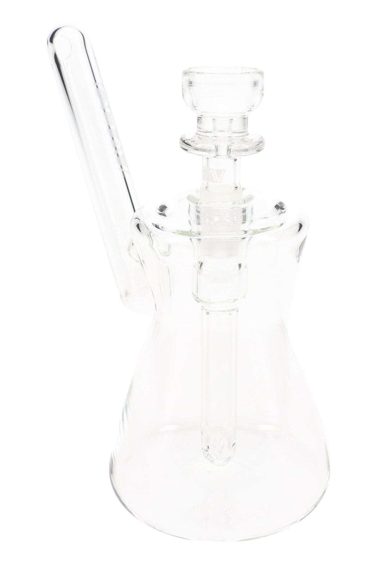 Clear glass pocket bubbler with hourglass chamber, long angled mouthpiece, and 10 mm bowl, about 4½″ tall on white background.