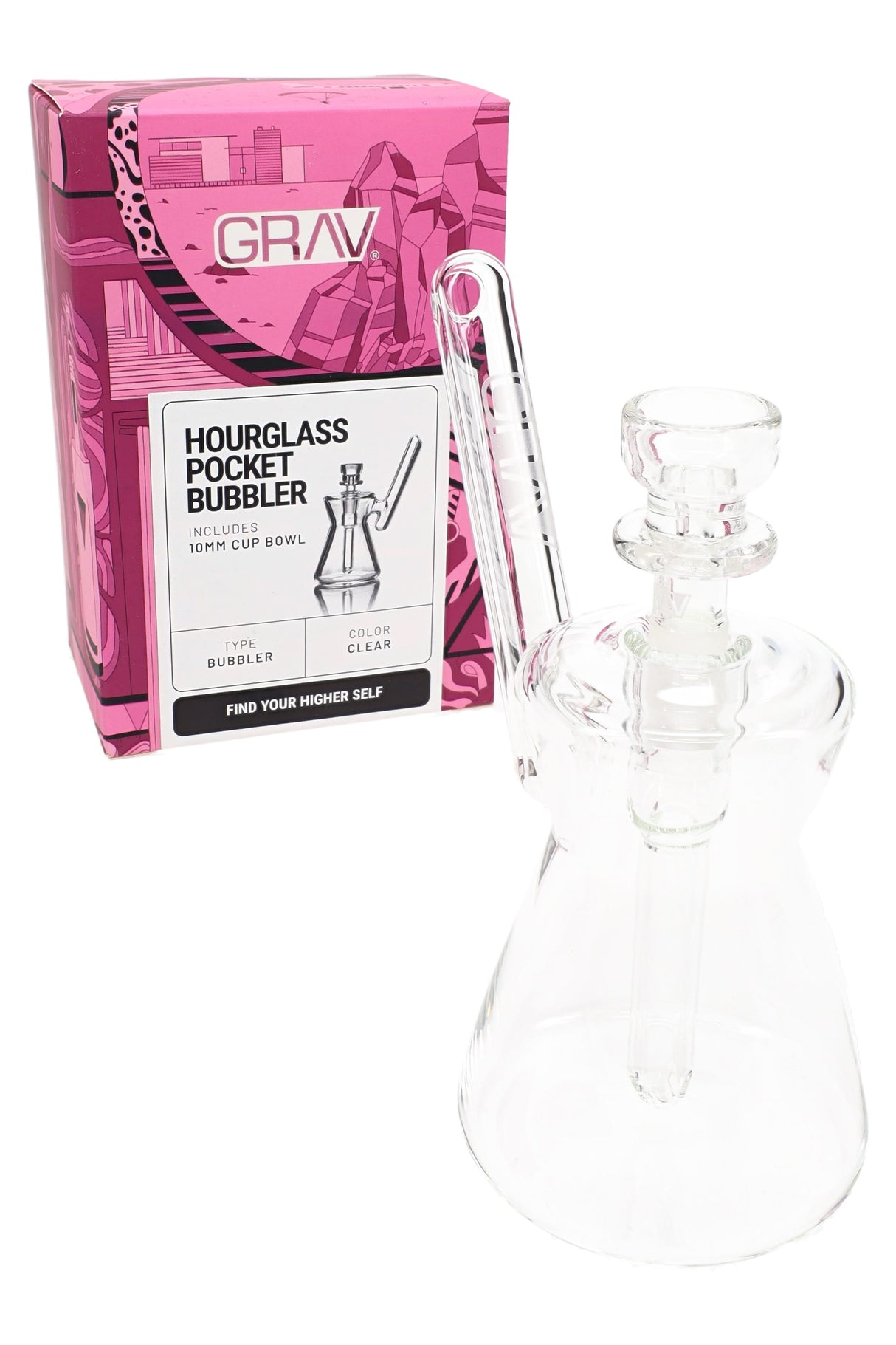 GRAV hourglass pocket bubbler shown with retail box and included 10 mm Cup Bowl, clear glass compact design on white backdrop.