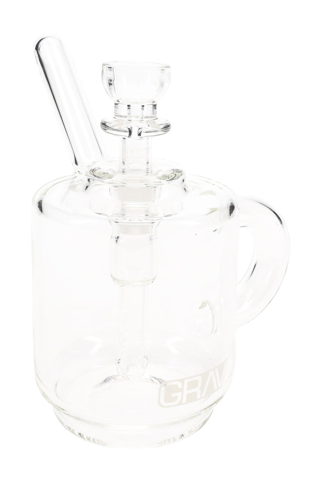 Clear GRAV coffee-mug pocket bubbler with side handle, long angled mouthpiece, and 10 mm cup bowl on a white background.