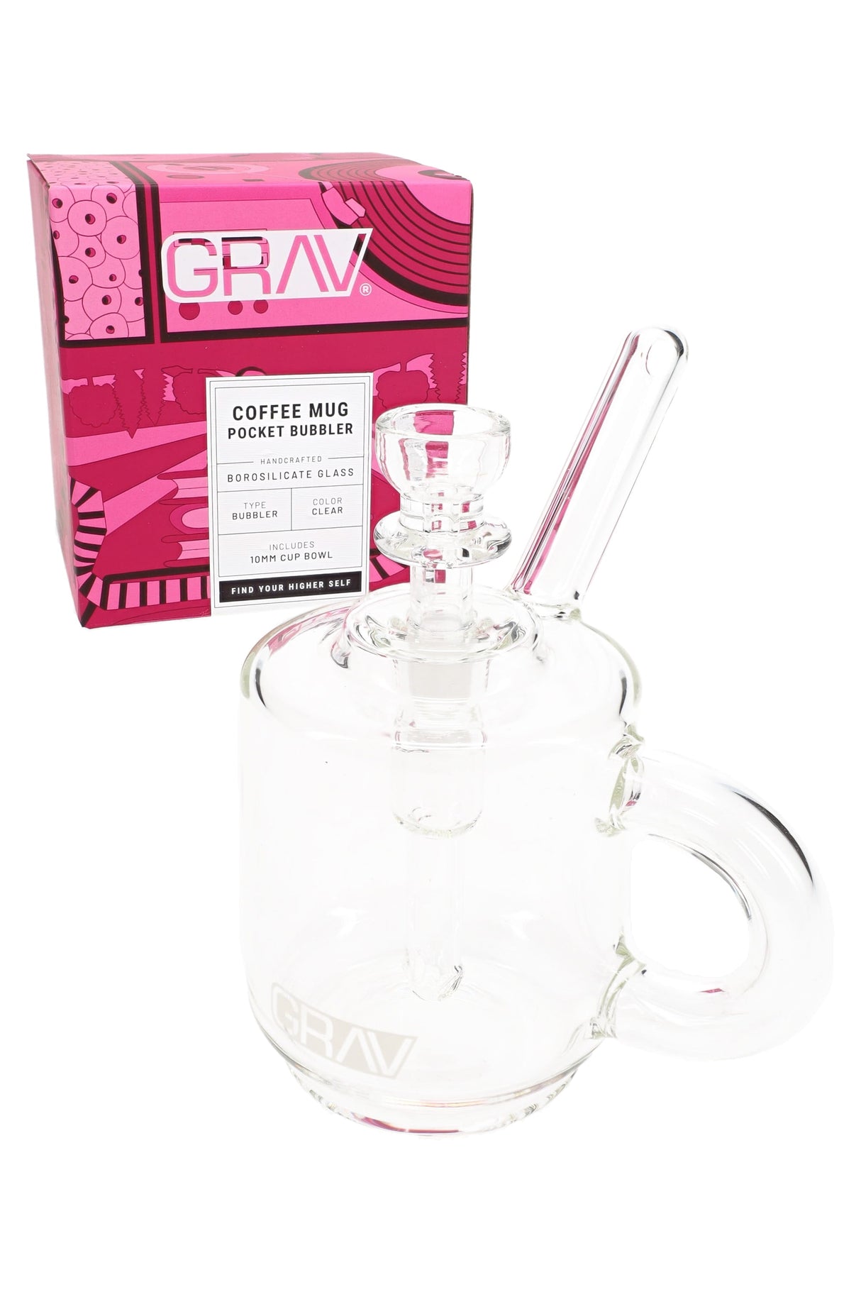 GRAV coffee-mug pocket bubbler shown with retail box and included 10 mm cup bowl, clear glass design.
