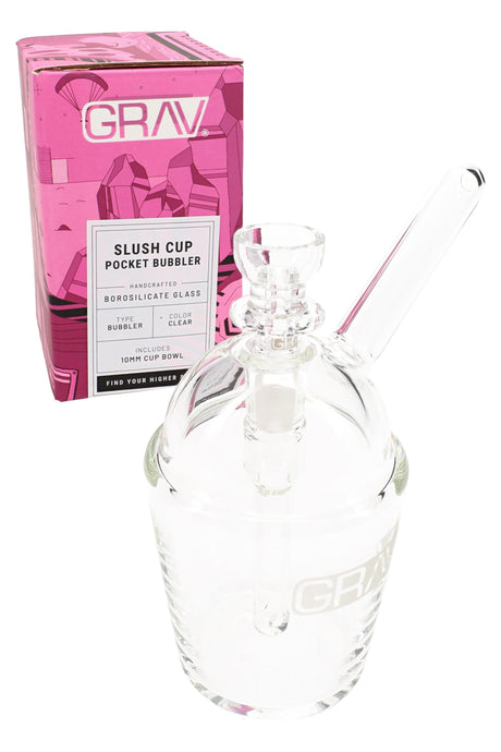 GRAV slush cup pocket bubbler displayed beside retail box, clear glass design with included 10 mm cup bowl.