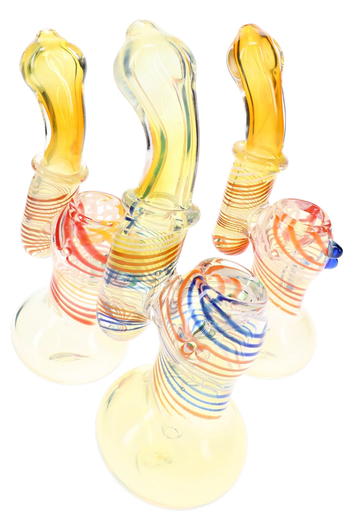 Assorted color-changing glass Sherlock bubblers with multicolor stripes, curved necks, and marble accents