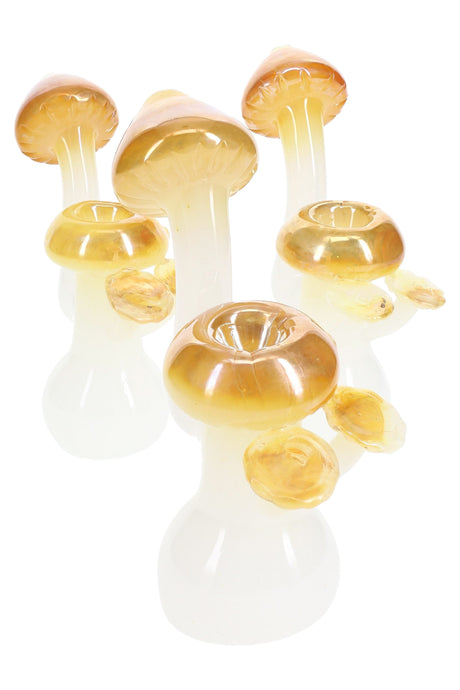 6-inch metallic-fumed sherlock with sculpted mushroom bowl, compact water chamber, side carb, and flat base, shown upright in assorted color finishes on white.