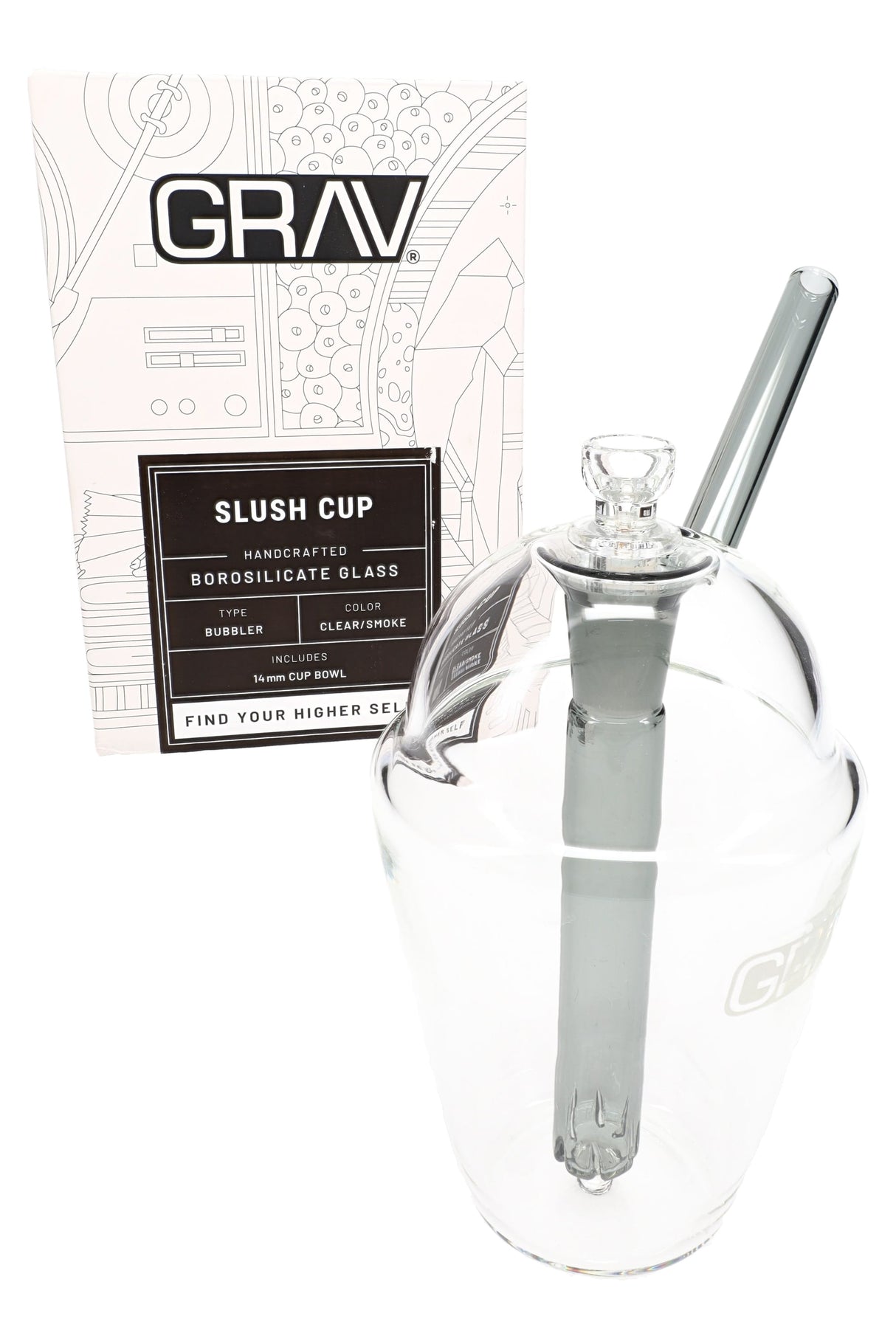 Single GRAV Slush Cup Bubbler with clear body, colored downstem, and angled straw mouthpiece shown beside retail box.