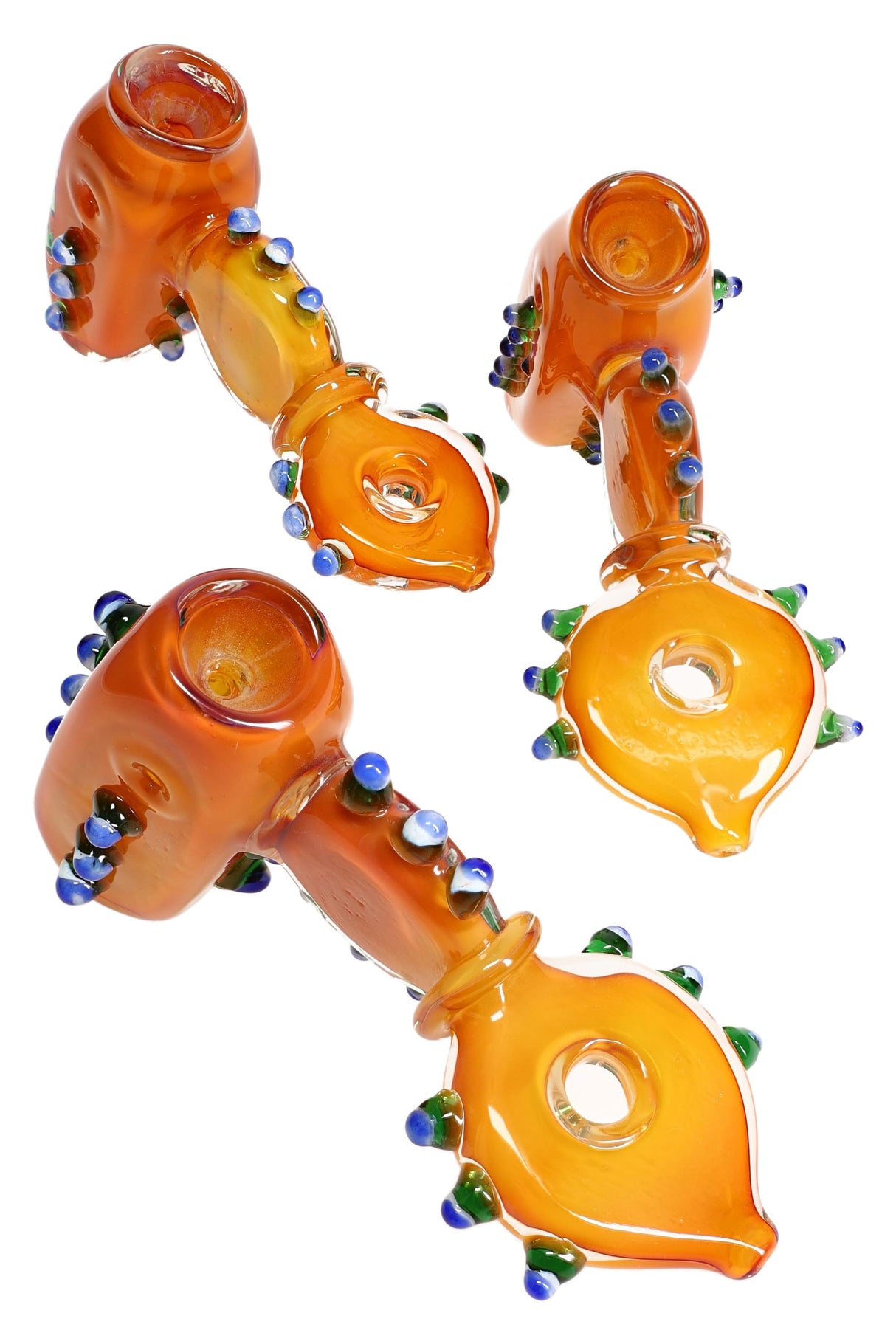 6.5-inch gold-fumed donut-hole glass hammer bubbler with blue and green marble grips and compact water chamber.