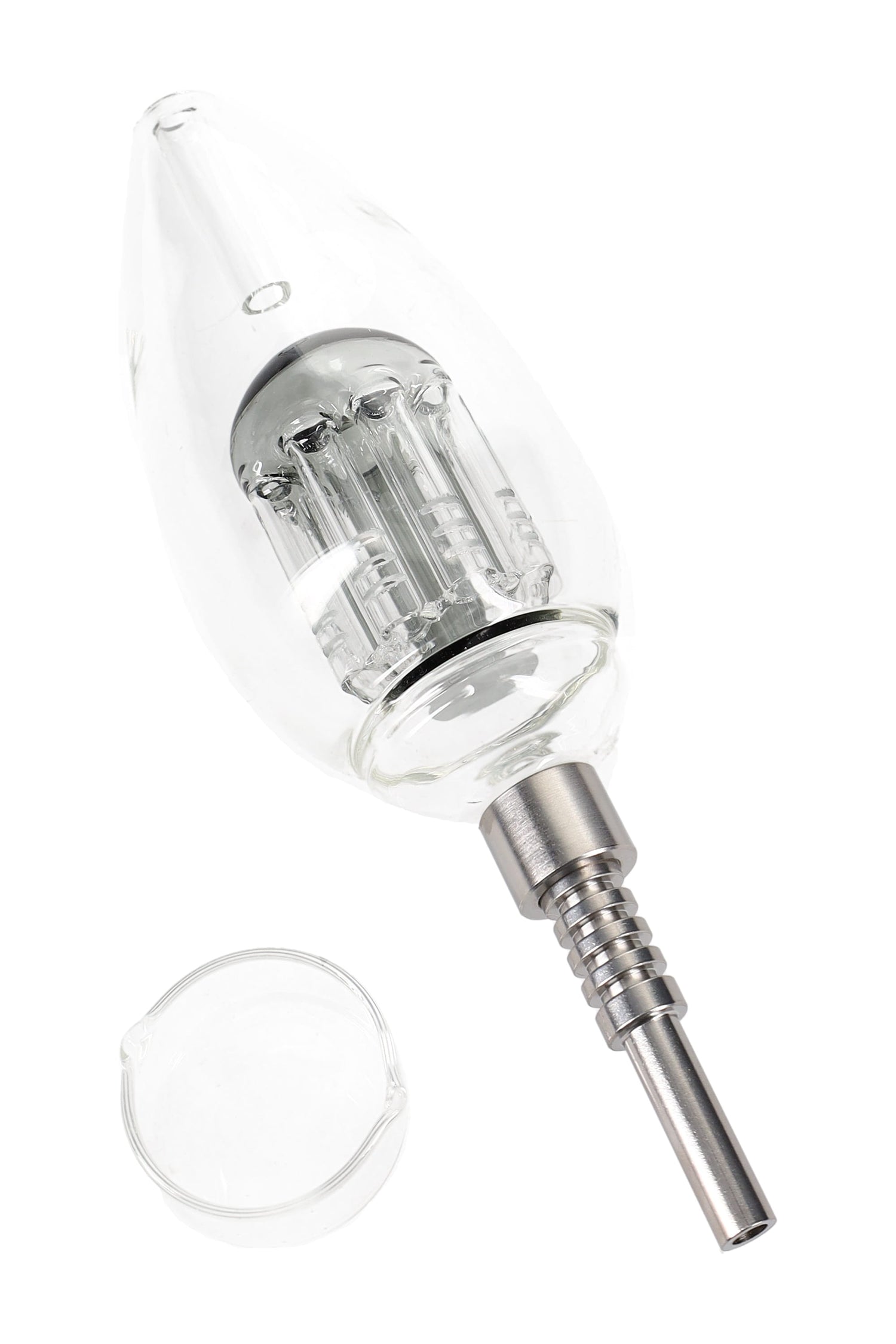 Clear/gray light bulb dab straw displaying internal tree perc and metal tip with included glass dish; 8-inch length.