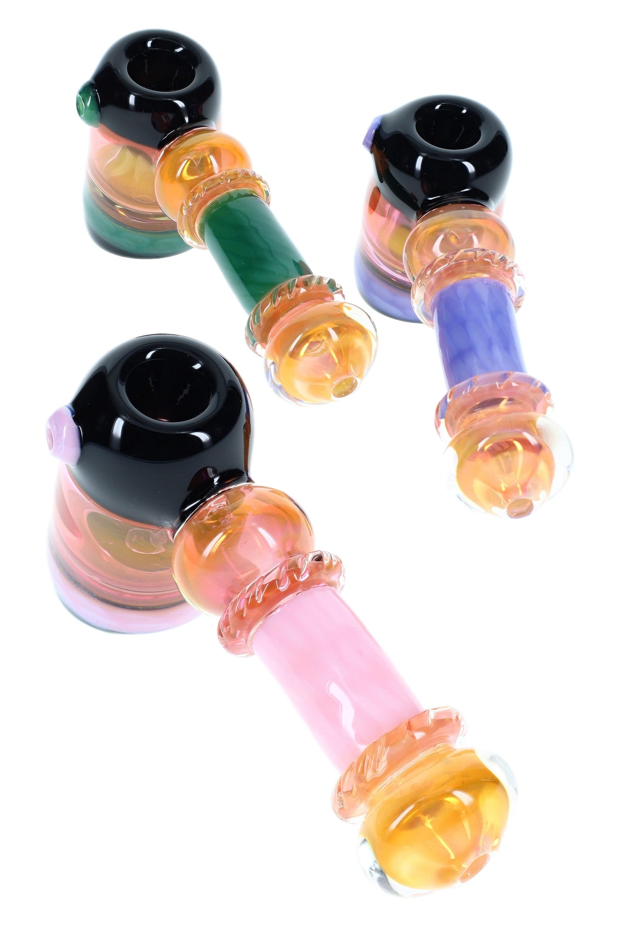 Gold fumed neon glass hammer bubbler with glossy black head, ringed stem, and sit-flat chamber for water filtration; color accents vary.