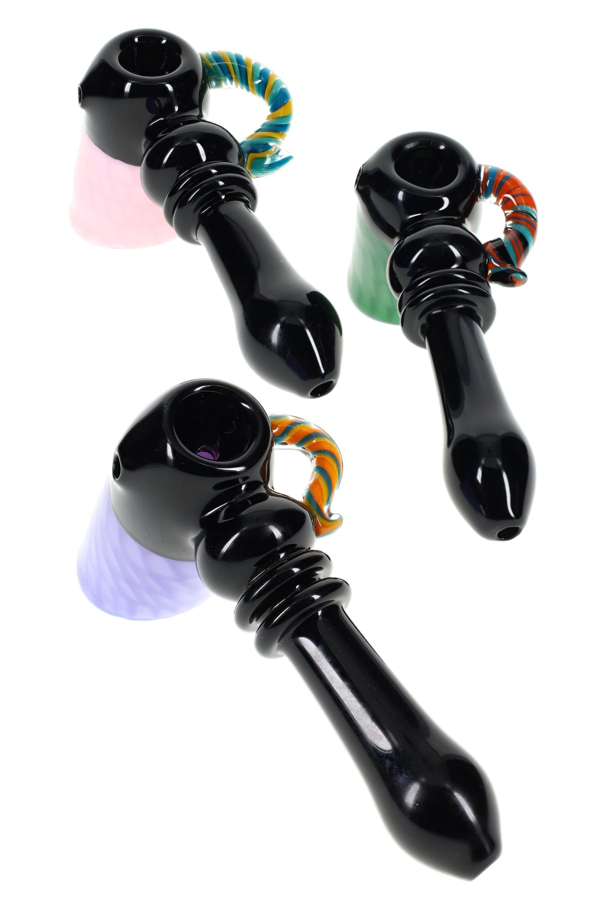 6.5-inch black glass hammer bubbler with ringed stem, loop handle, and sit-flat chamber for compact water filtration.