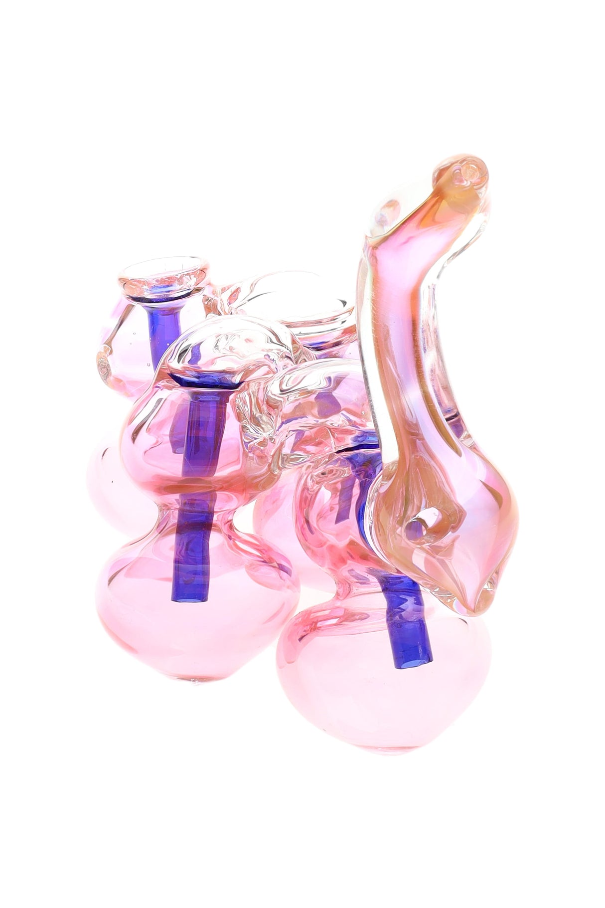 Gold-fumed quadruple-chamber sherlock bubbler with curved mouthpiece and fixed herb bowl, compact 6″ design on a white background.