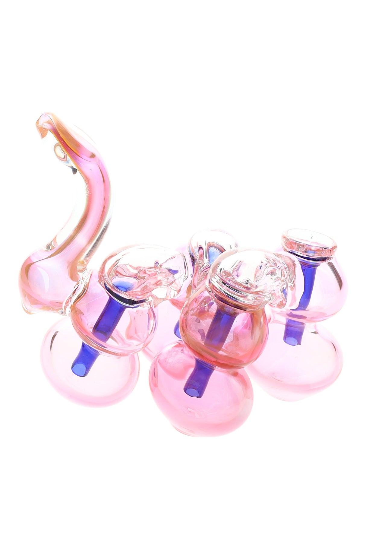 Side view of gold-fumed quadruple-chamber sherlock bubbler showing four connected bulbs and arched mouthpiece in thick glass.