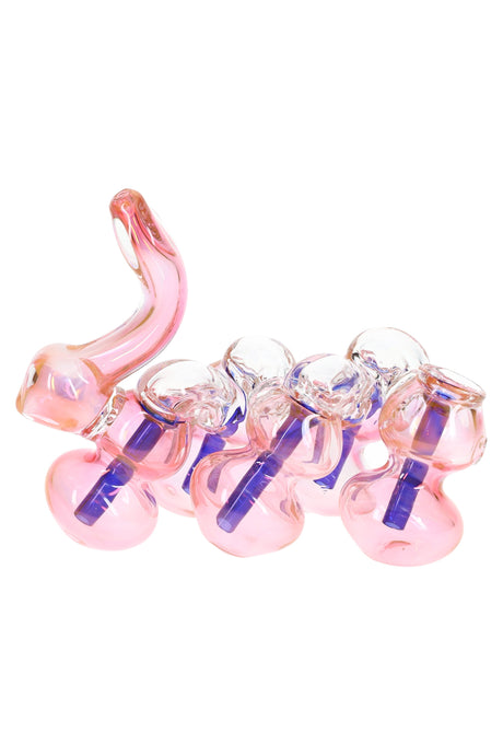 Side view of gold-fumed multi-chamber sherlock bubbler showing four connected bulbs and arched mouthpiece with cobalt interior rods.