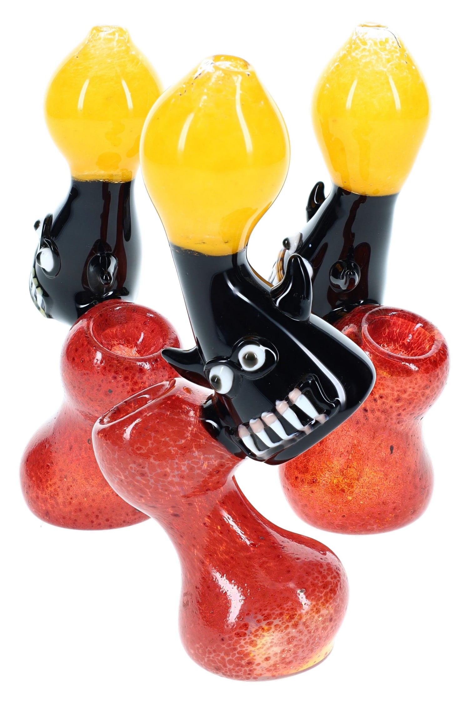 Small frit glass sherlock bubbler with red base and black critter head, curved neck and round water chamber; whimsical, assorted colors.