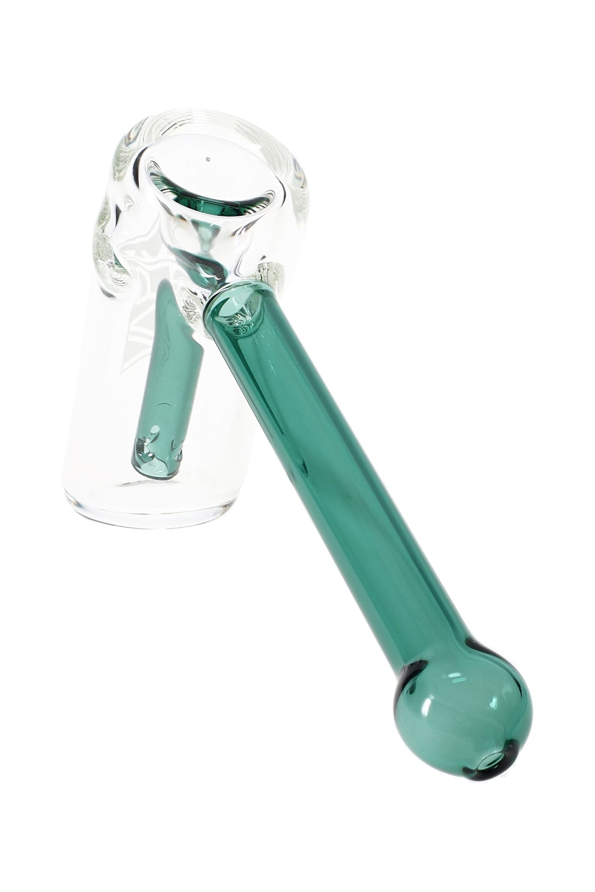 Lake Green GRAV Mini Hammer Bubbler angled on white, highlighting 5-inch stem, clear 32 mm base, and fixed two-hole downstem.