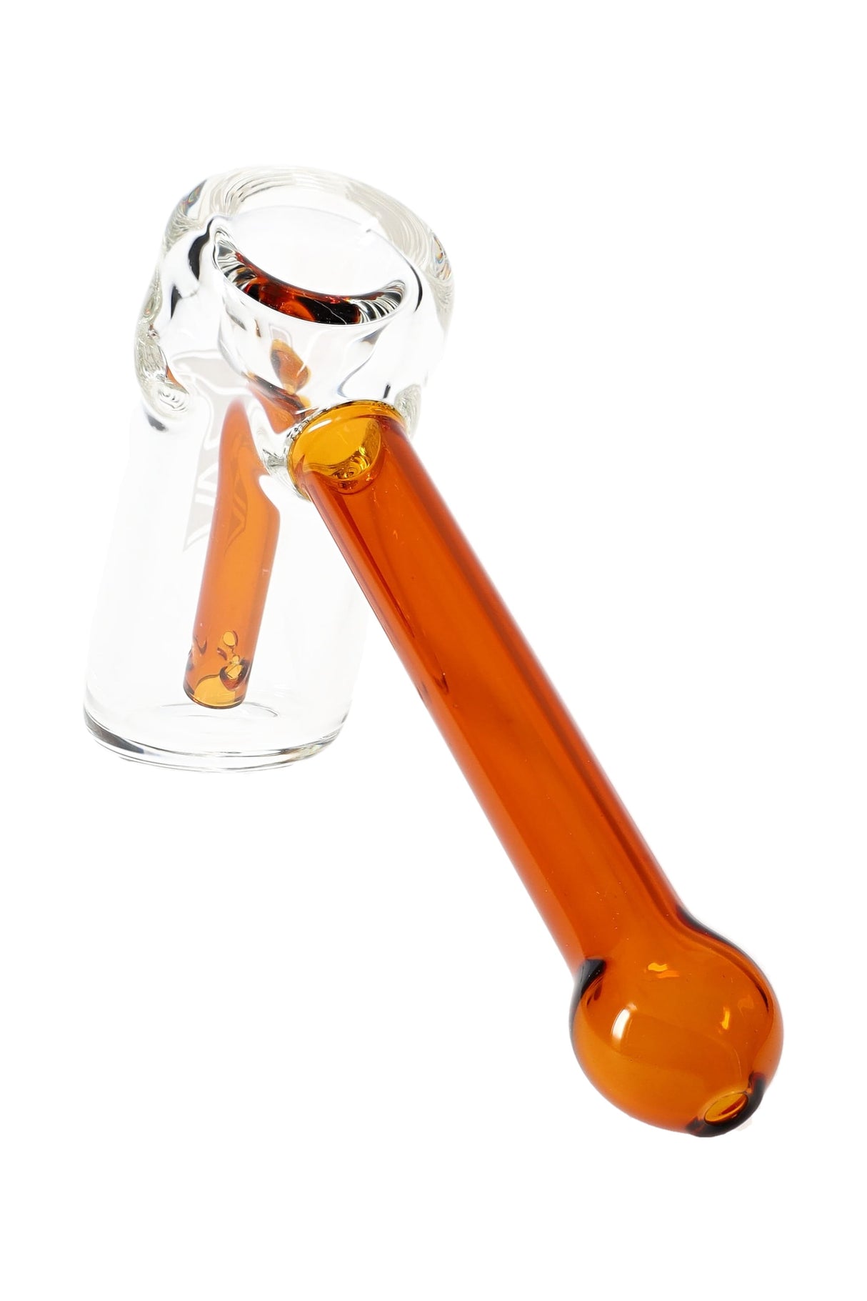Amber GRAV Mini Hammer Bubbler front angle, rich honey-tone stem, clear base, and ergonomic hammer silhouette on studio white.
