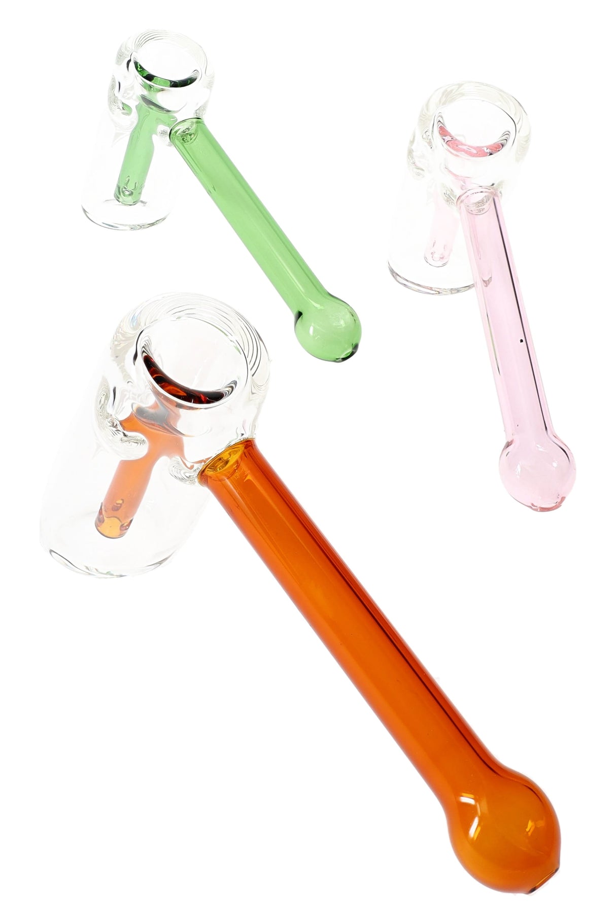 Group shot of GRAV Mini Hammer Bubblers in amber, pink, and green glass with clear bases, showcasing compact hammer design and colorful stems.