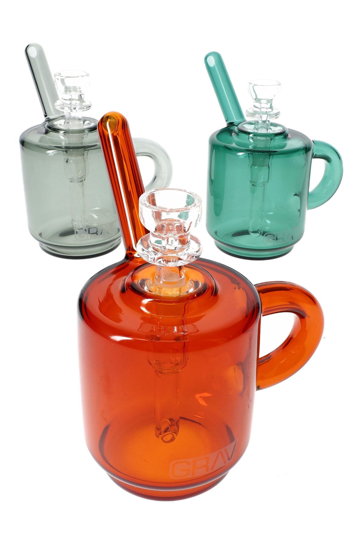 Trio of GRAV Coffee Mug Bubblers—smoke gray, lake green, amber—displayed on white, each with handle and 10 mm cup bowl.
