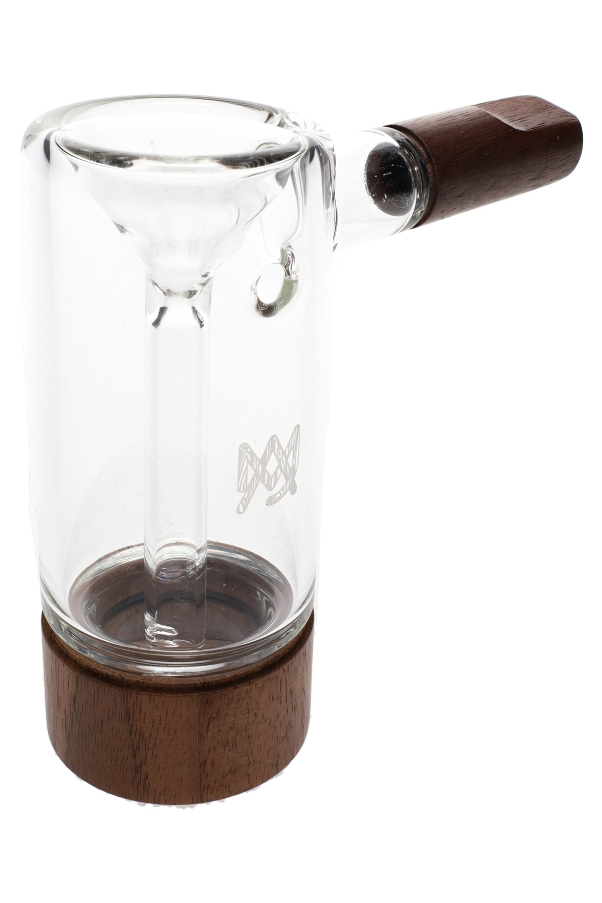 Clear borosilicate glass can-style bubbler with dark wood mouthpiece and base, fixed downstem and funnel bowl, upright on white background.