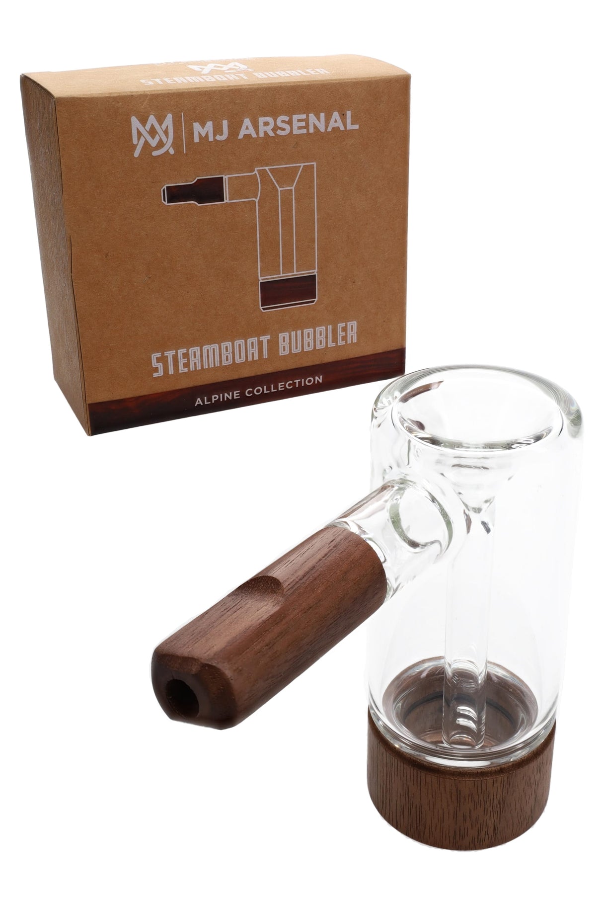 MJ Arsenal Steamboat Bubbler from the Alpine Collection with branded box, clear glass body and wood handle and base for dry herb.