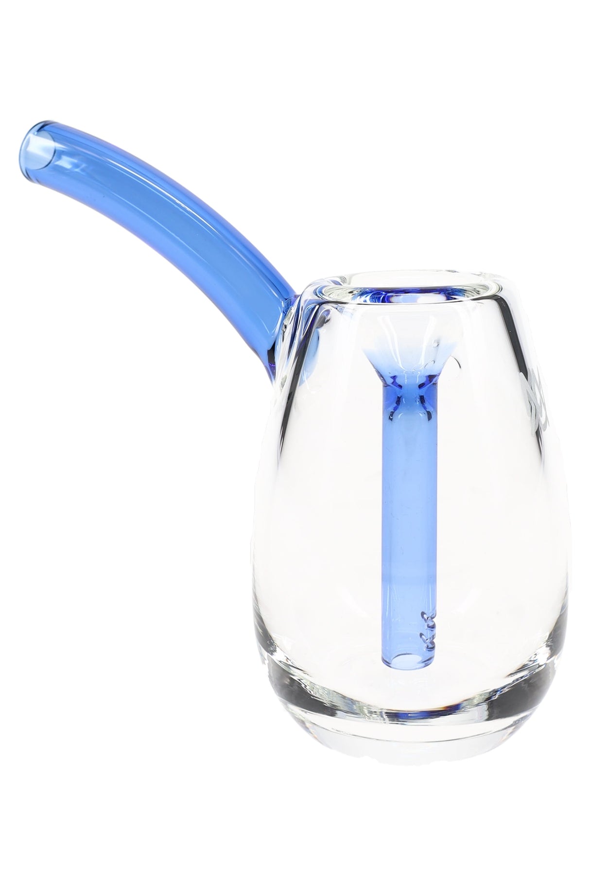 Blue-accent MJ Arsenal Bulb 3.5″ glass mini bubbler with clear shell, fixed inner stem and curved neck, studio side profile on white.