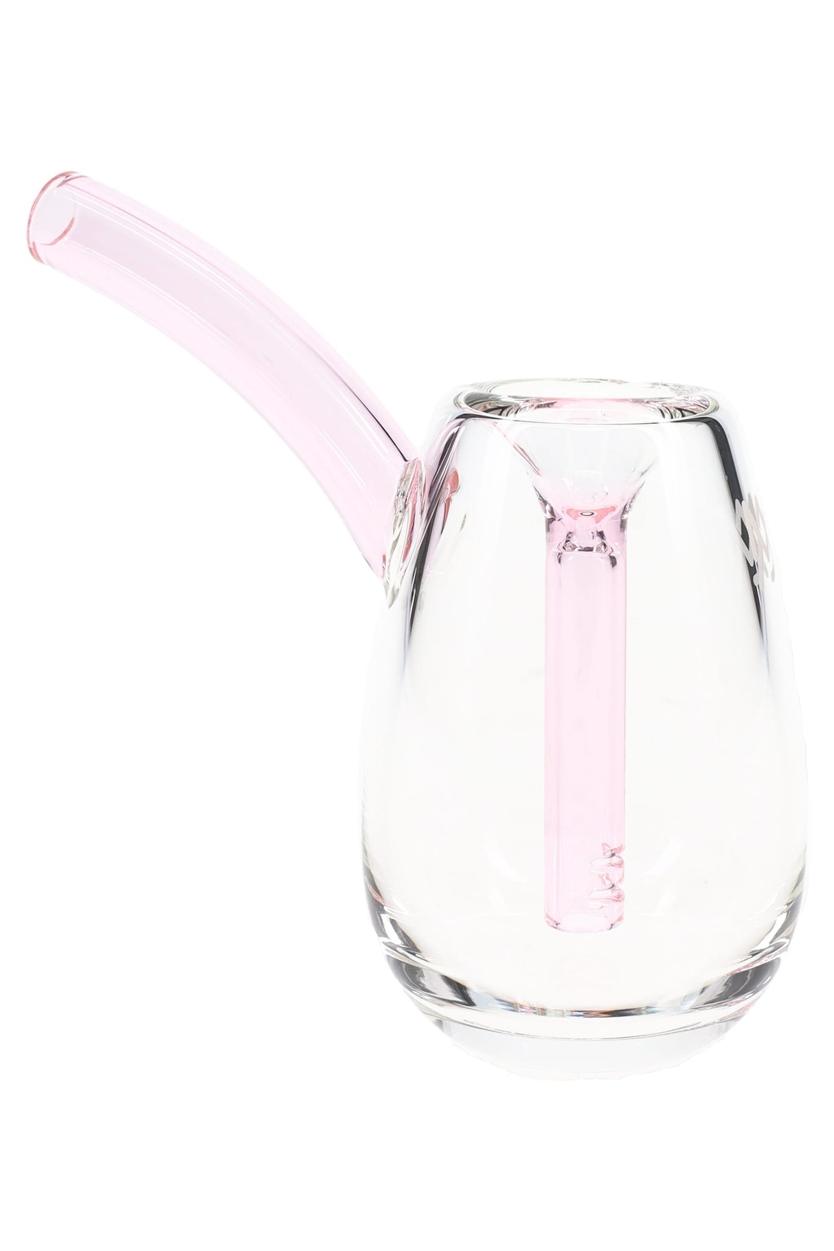 Petal pink-accent MJ Arsenal Bulb 3.5″ glass mini bubbler featuring clear body, colored stem and mouthpiece, compact tabletop piece on white.