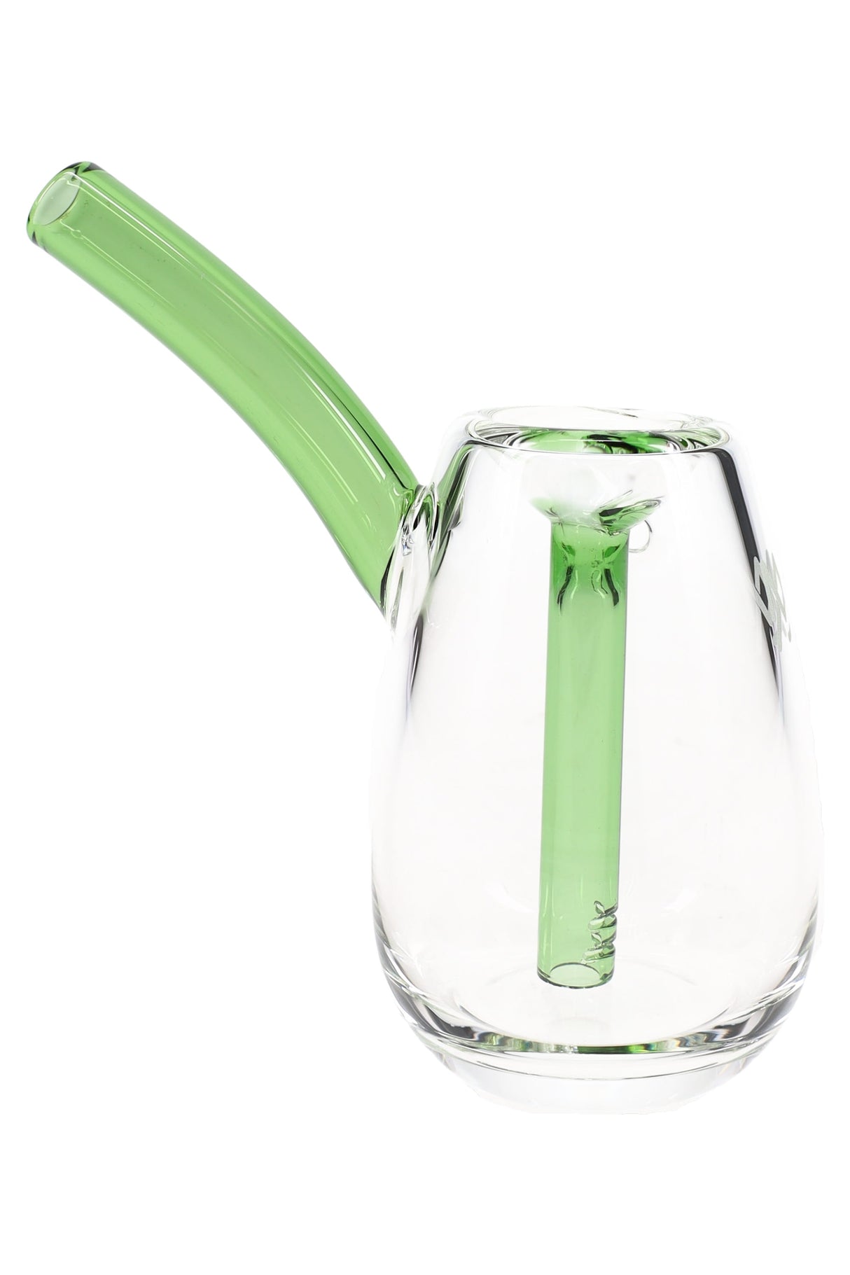 Green-accent MJ Arsenal Bulb 3.5″ glass mini bubbler with clear bulb-shaped body and matching inner stem, angled view on white background.