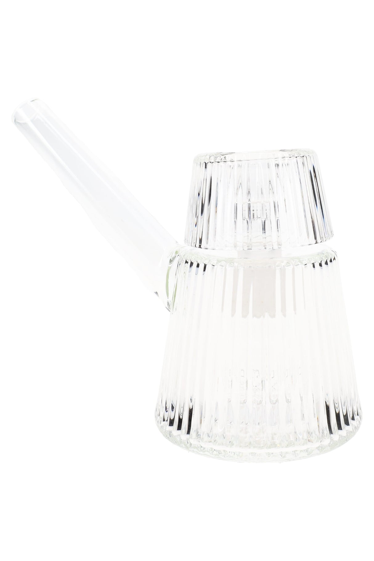 Clear 5″ NWTN Deco ribbed glass bubbler highlighting two-piece design and fluted texture, minimalist compact water-filtered pipe on white.