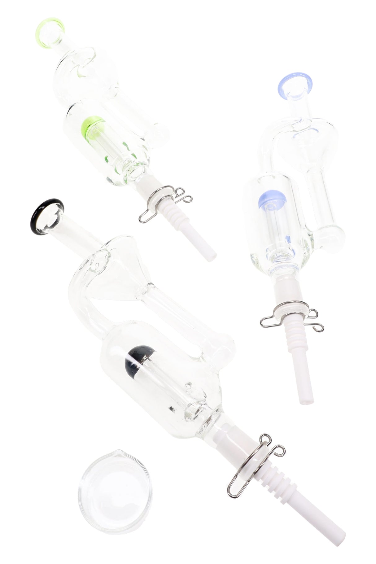 Glass recycler dab straw with dome perc, ceramic tip, quartz dish, keck clip, and colored accent detail