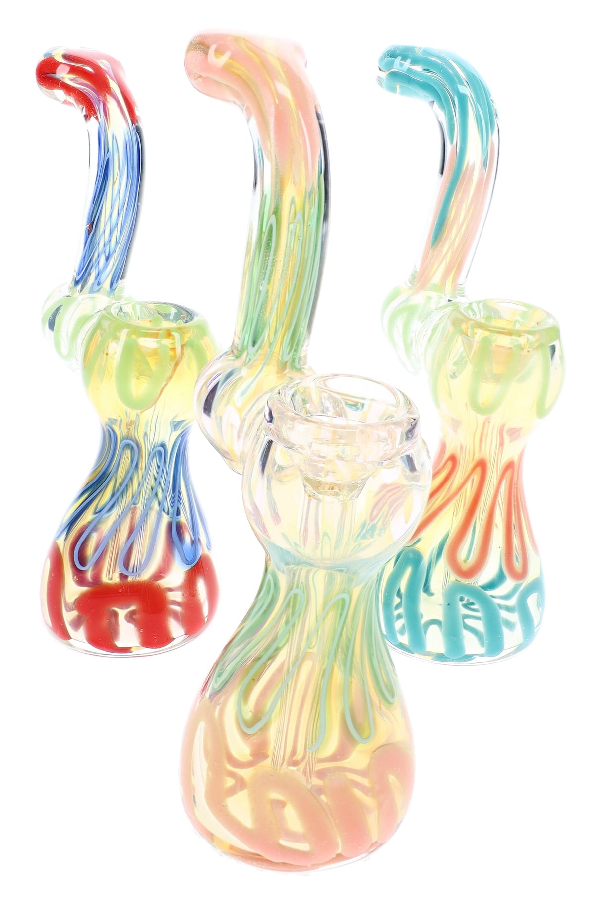6″ color-changing Sherlock glass bubbler with multicolor squiggle stripes and compact curved body