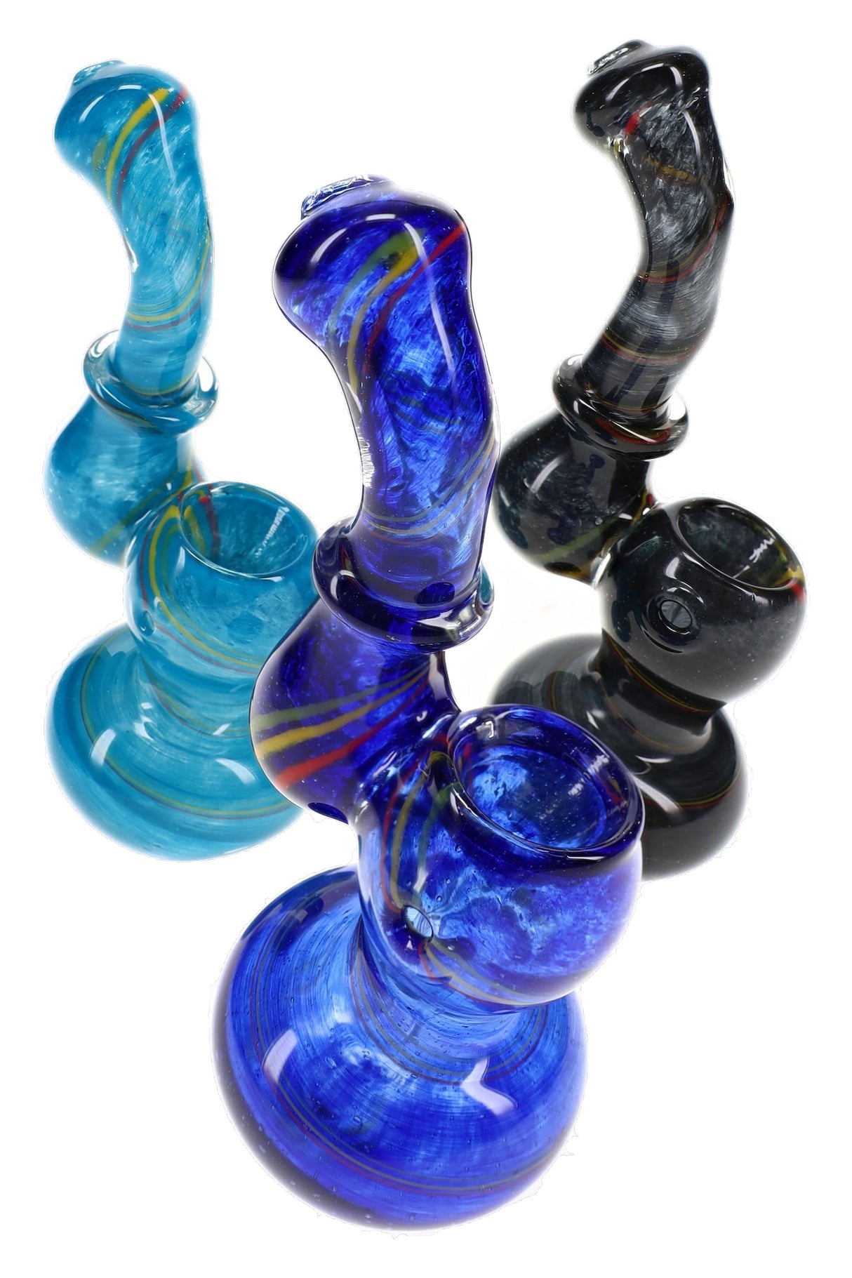 Assorted 4″ rasta glass bubblers with frit texture, spiral stripes, curved Sherlock necks, and ring accents