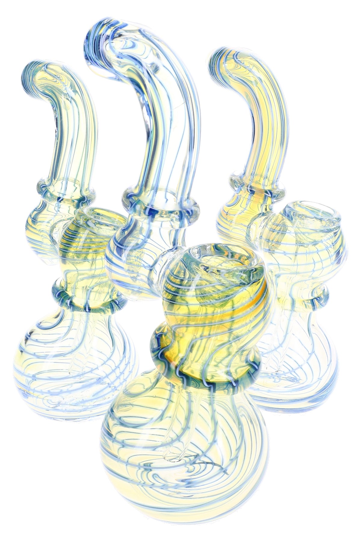 Multiple color-changing glass Sherlock bubblers showing varied spiral striping, curved necks, and round bases