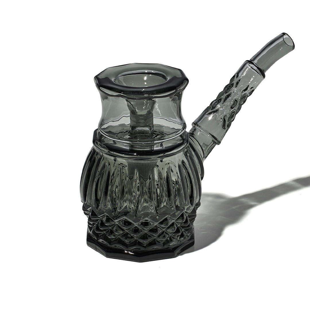 NWTN Home Highball glass bubbler in Charcoal with ribbed body, diamond texture, and angled mouthpiece