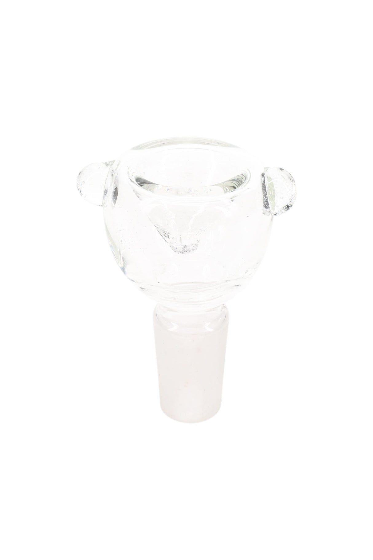 Clear 14.5 mm male glass bowl with rounded head and roll-stop nubs, shown upright on white background