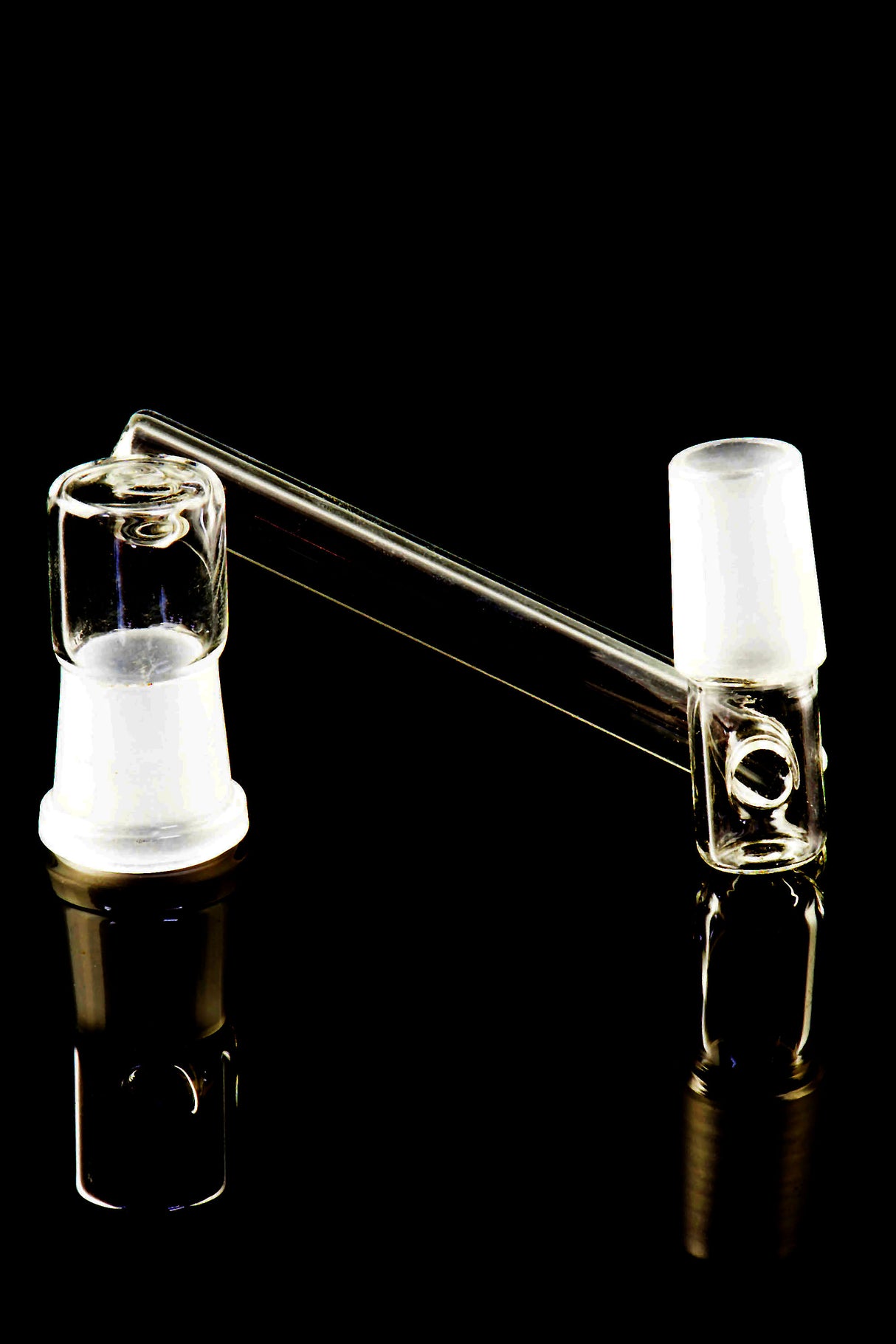 Close-up drop-down sidecar glass adapter for 19 mm setups featuring frosted male joint and female receiver, displayed on black backdrop.