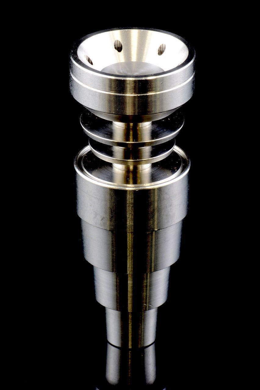 Close-up of domeless stainless nail cup with airflow holes, mounted on the universal stepped base.