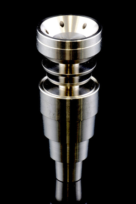 Close-up of domeless stainless nail cup with airflow holes, mounted on the universal stepped base.