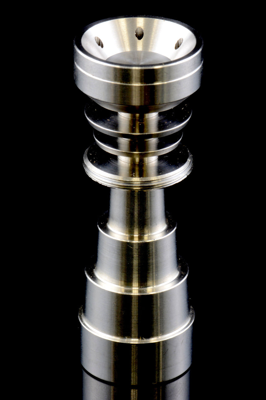 Profile shot of stainless steel nail showing removable lid and tiered adapter for male or female joints.
